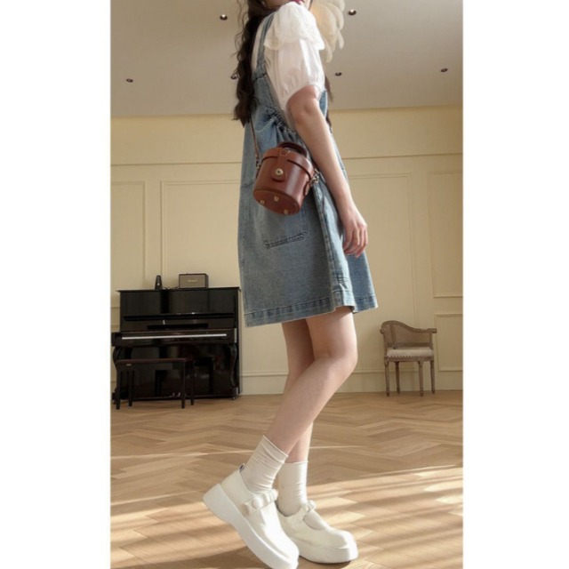 여성 빅사이즈 여름 미니 멜빵 원피스 20대 30대 서스펜더 숏 치마 데님 오버롤 청치마 - 상세 이미지 2