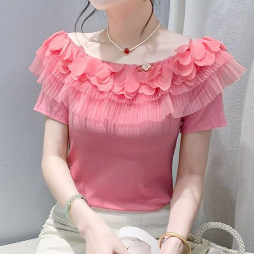 댄스복 상의 사교 공연복 반팔 연습복 라틴 여성 분홍색 M - 상품 이미지
