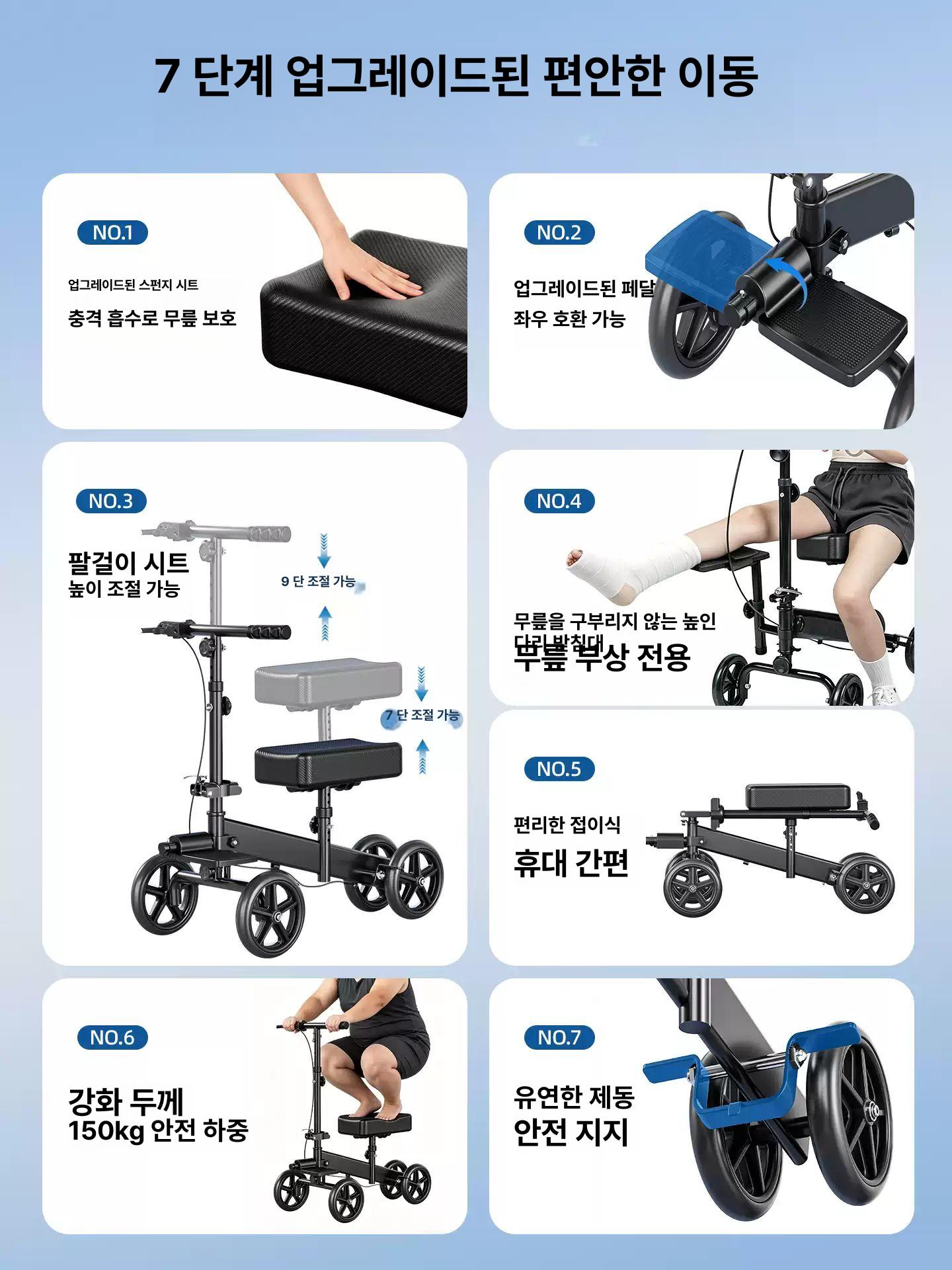 니워커 무릎 스쿠터 4륜 보행 보조기 무릎받침 높이조절 브레이크 이동 워커 [클래식] 기본 - 상세 이미지 3