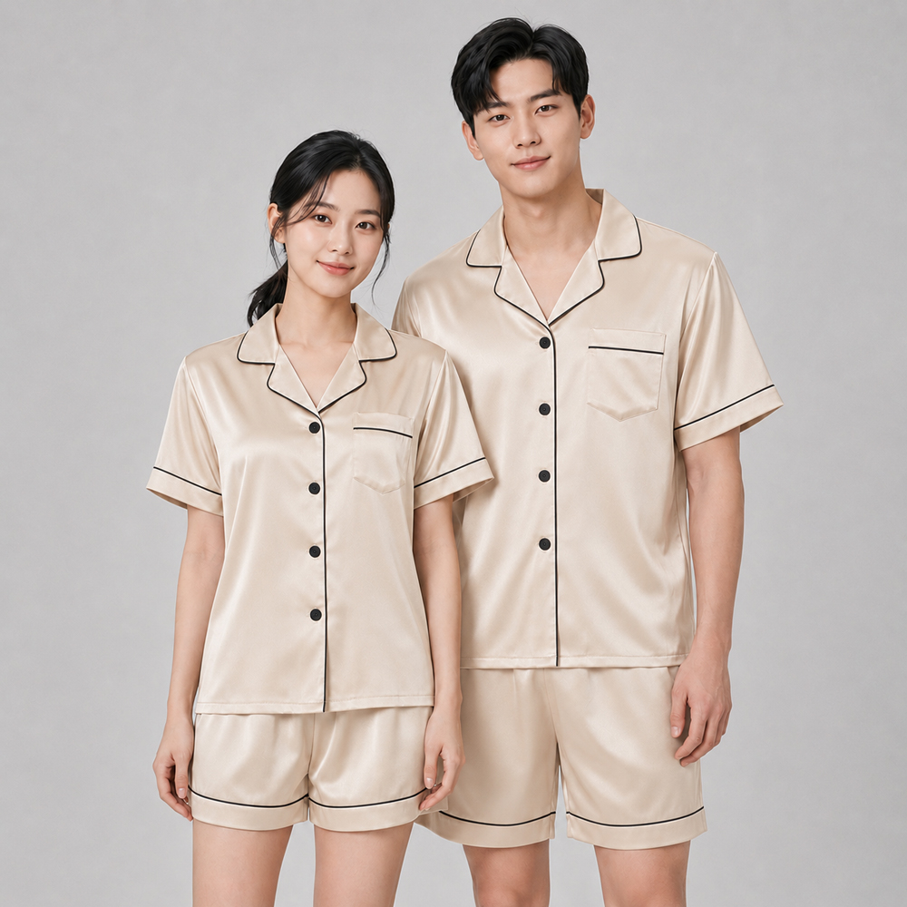 피치테라피 커플 파자마 실크 필 반팔 잠옷 세트 반바지 홈웨어 - 상세 이미지 3
