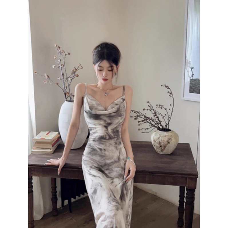 끈나시 뷔스티에 섹시 원피스 카울넥 마블패턴 수묵화 파티 드레스 드레이프 롱원피스 S - 상세 이미지 4