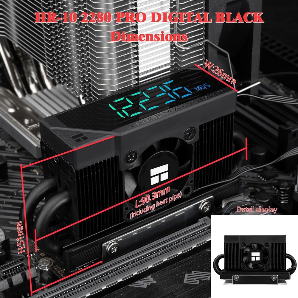 HR10 2280 PRO 디지털 블랙 사양 M.2 솔리드 스테이트 드라이브-완벽한 적응 및 탁월한 냉각 성능, 30mm 팬 6500RPM, 내장 ARGB 디스플레이 - 상세 이미지 2