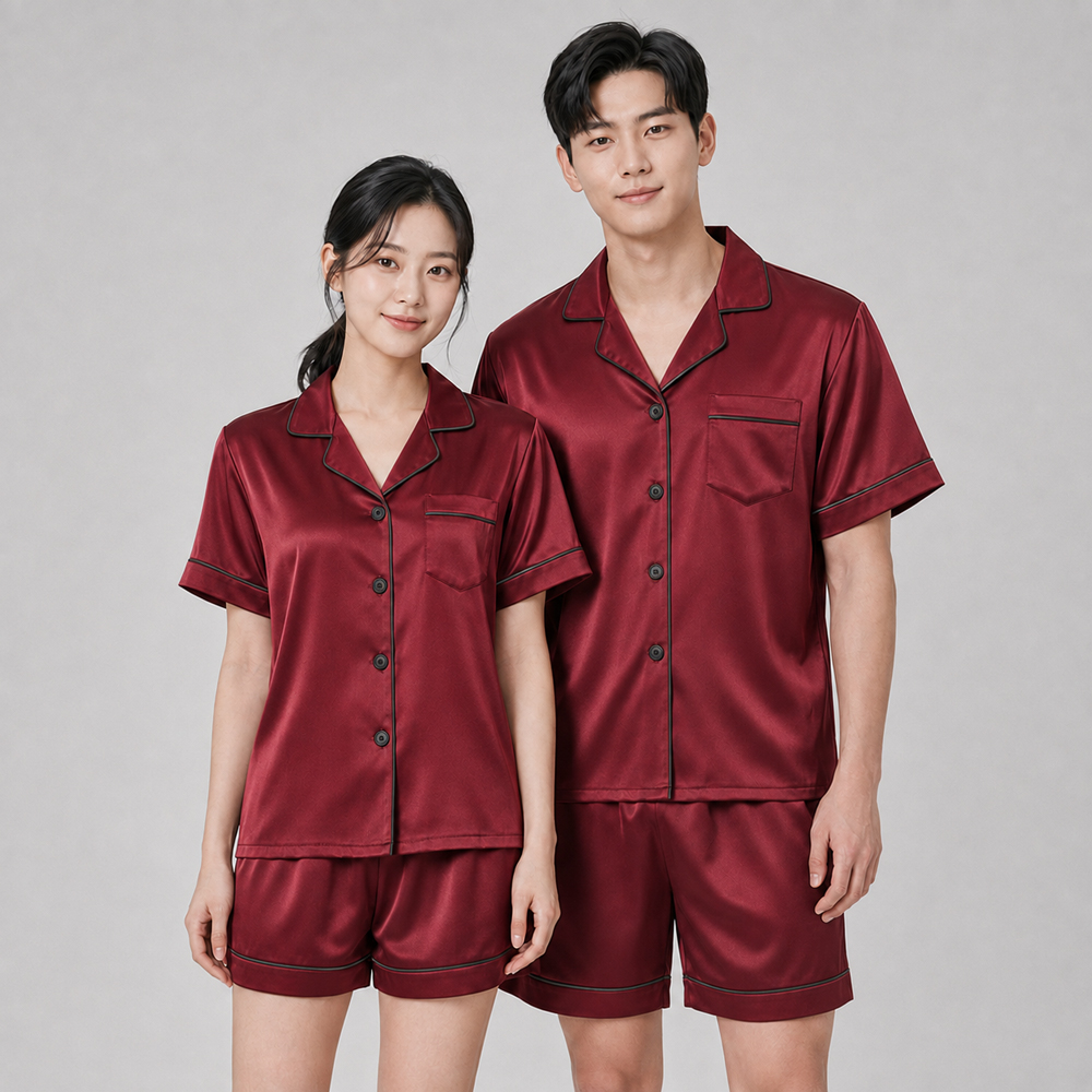 피치테라피 커플 파자마 실크 필 반팔 잠옷 세트 반바지 홈웨어 - 상세 이미지 4