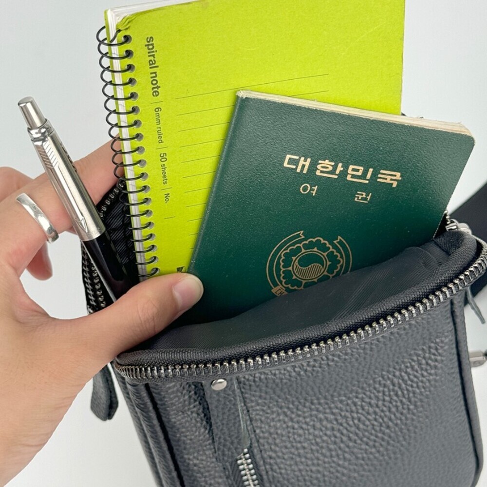 소가죽 남성 여성 슬링백 힙색 여권 핸드폰 외출 등산 허리 어깨 크로스백 가방 (블랙) - 상세 이미지 3