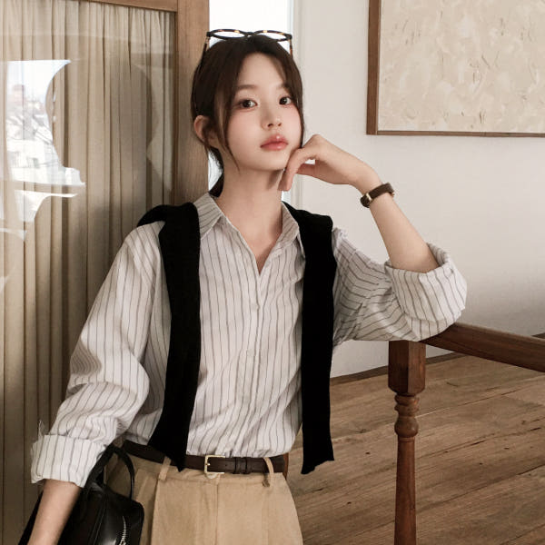 아뜨랑스 사이드 버튼 투웨이 스트라이프 셔츠 블라우스 bs8888