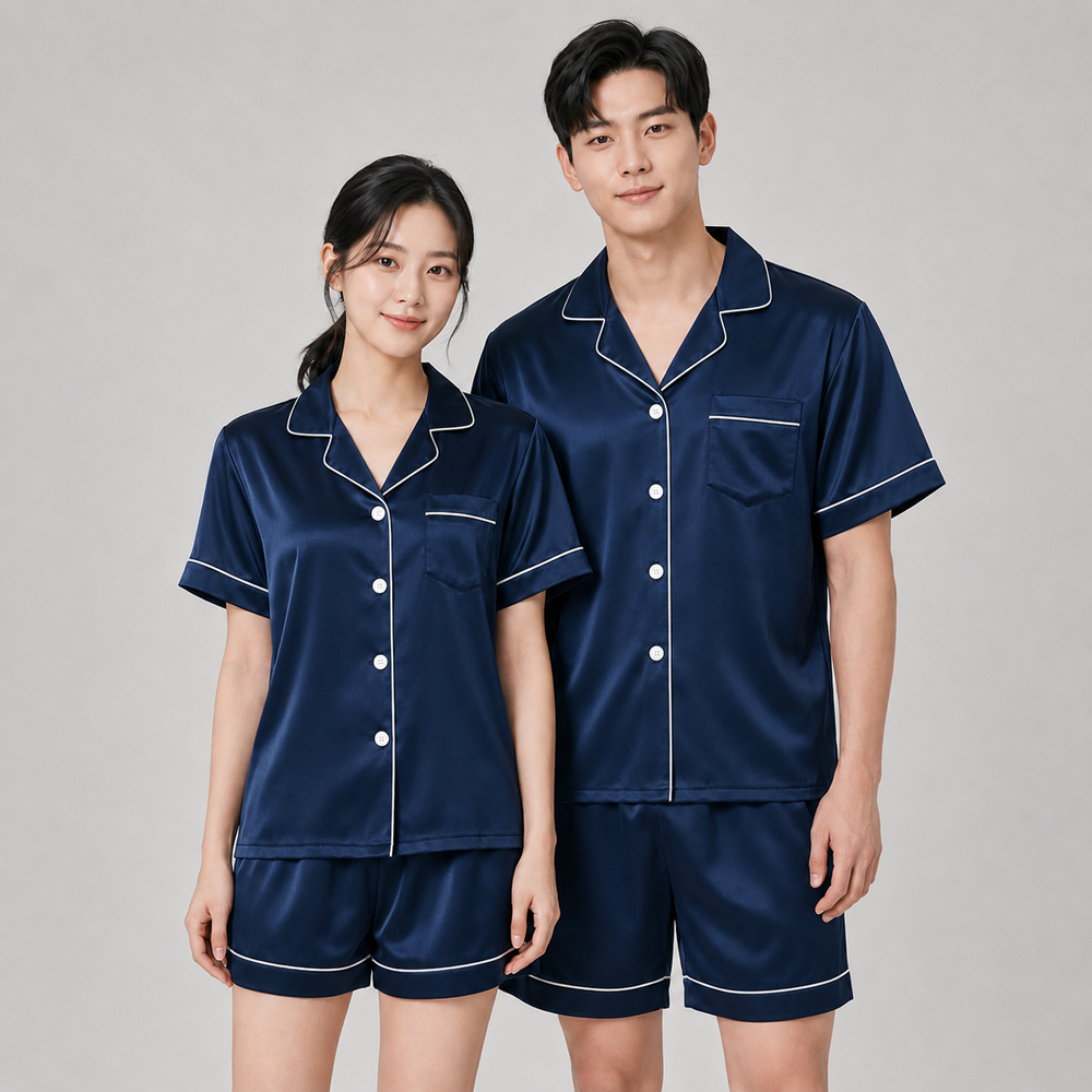 피치테라피 커플 파자마 실크 필 반팔 잠옷 세트 반바지 홈웨어 - 상세 이미지 5