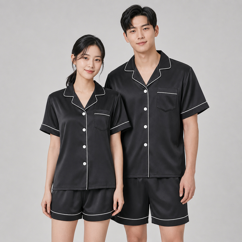 피치테라피 커플 파자마 실크 필 반팔 잠옷 세트 반바지 홈웨어 - 상세 이미지 2