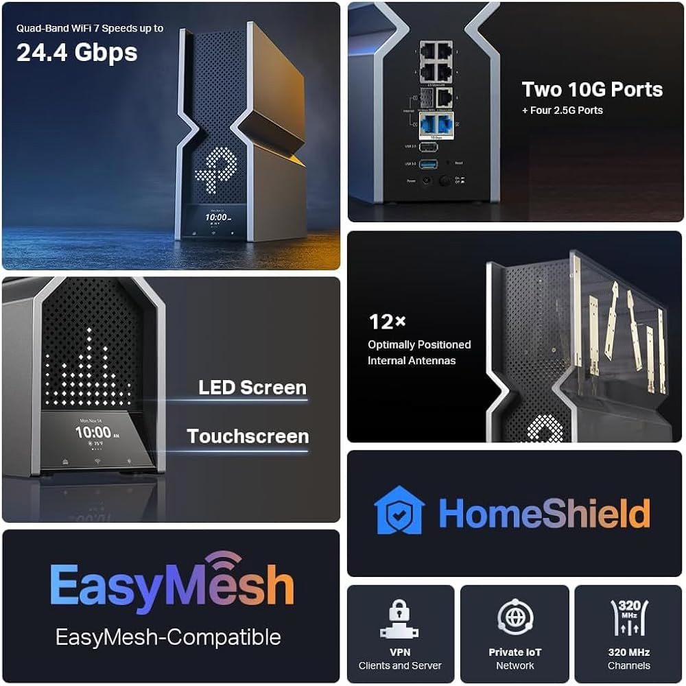 듀얼 10Gbps 멀티 기가그 이더넷 포트와 LED 터치 스크린을 갖춘 TP-Link Archer BE24000 쿼드밴드 WiFi 7 라우터(Archer BE900), 고성능 안테 - 상세 이미지 3