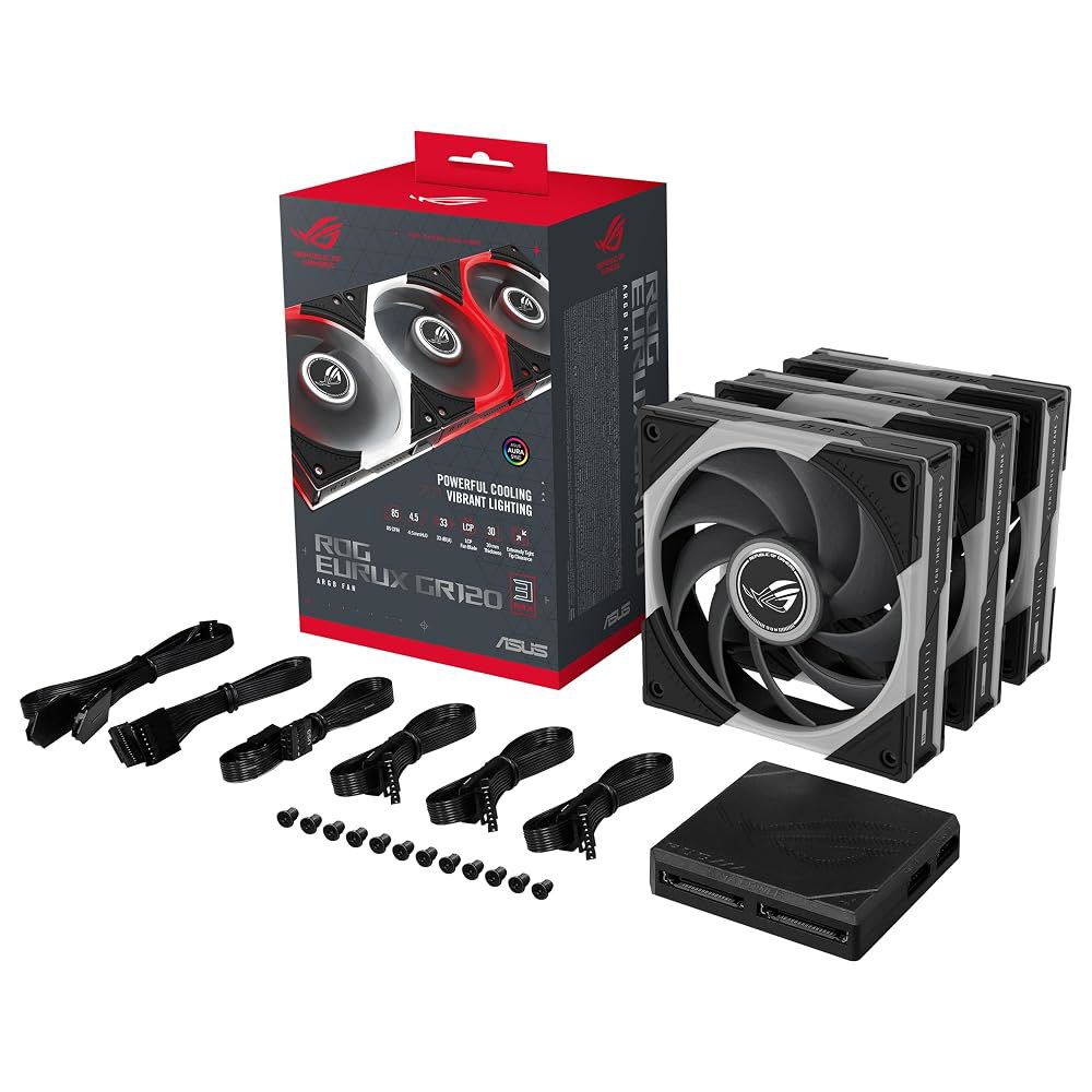 ASUS ROG Eurux GR120 ARGB PWM 팬 트리플 팩 120mm 팬, 2600RPM, 특허받은 데이지 체인, 맞춤형 조명, 허브 - 상품 이미지