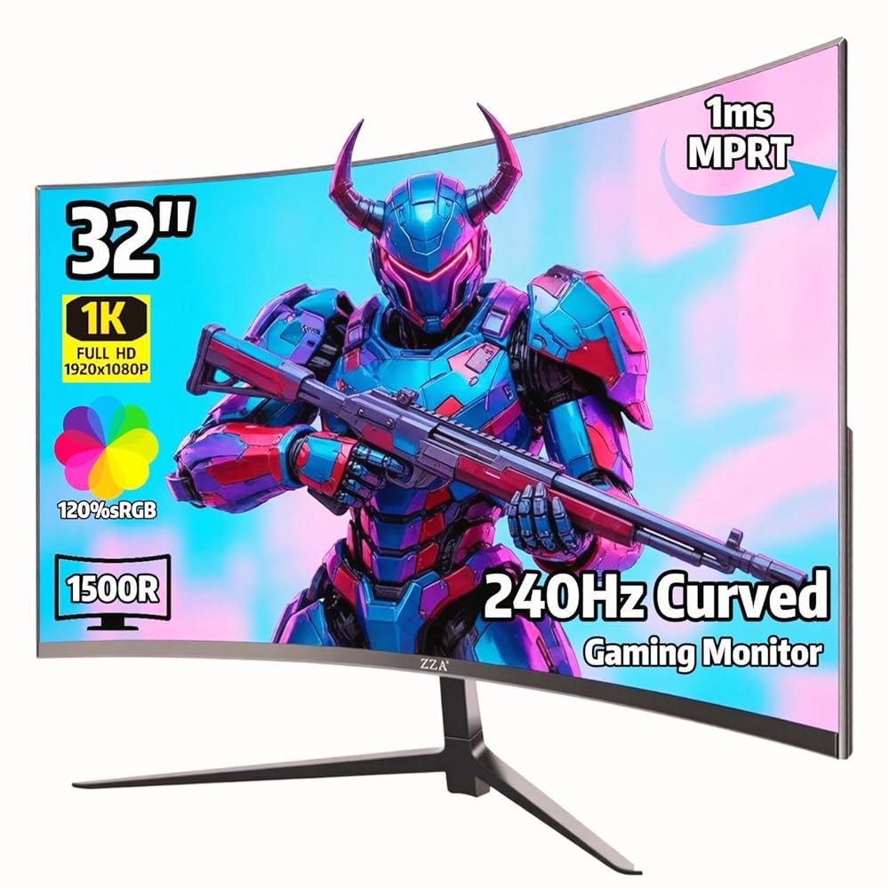 32인치 커브드 게이밍 모니터 240Hz 컴퓨터 모니터-HDMI DP USB 헤드폰 포트, 1080p 1K FHD 울트라 슬림 스크린, 광각, 높은 주사율 몰입형 PS5 Xbox - 상품 이미지