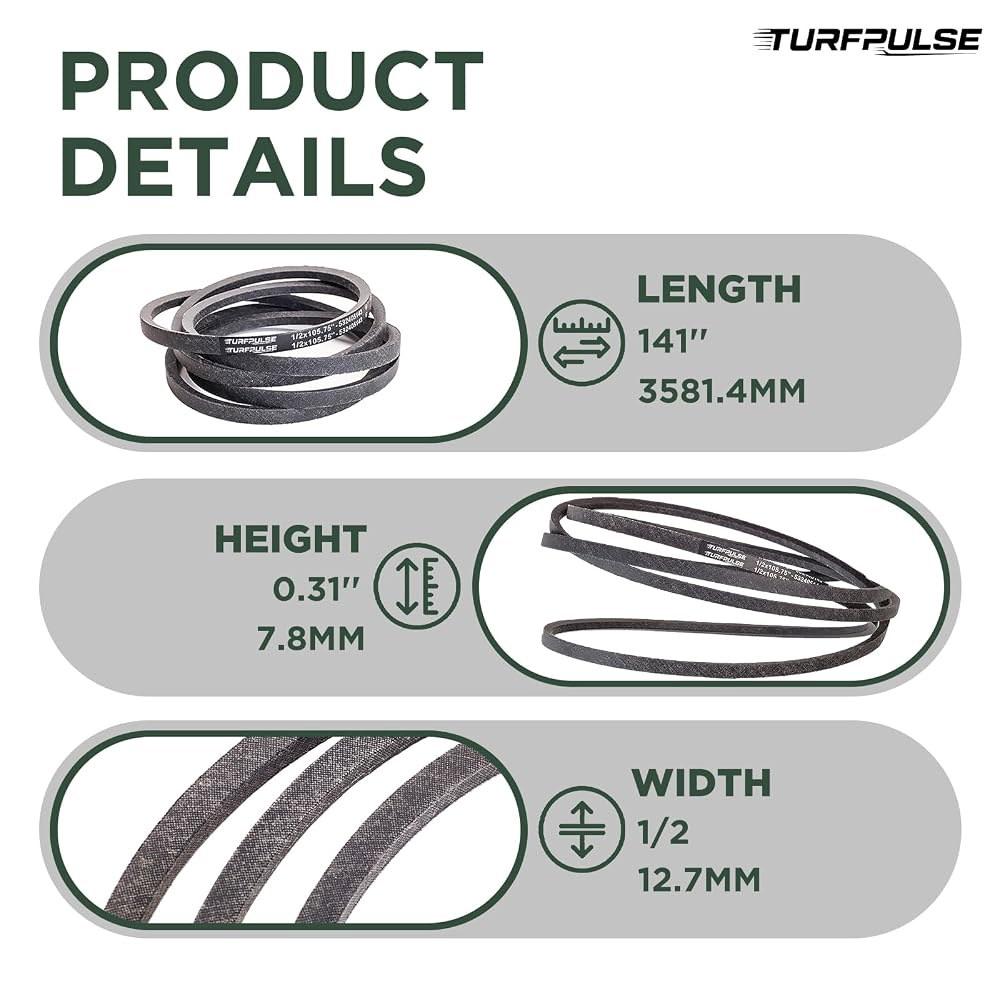 TURFPULSE 잔디깎이 데크 벨트 교체용 GX21833, John Deere D140 D150 D160 잔디깎이용 48인치 교체 부품 액세서리, 1/2인치 x 141인치 - 상세 이미지 2