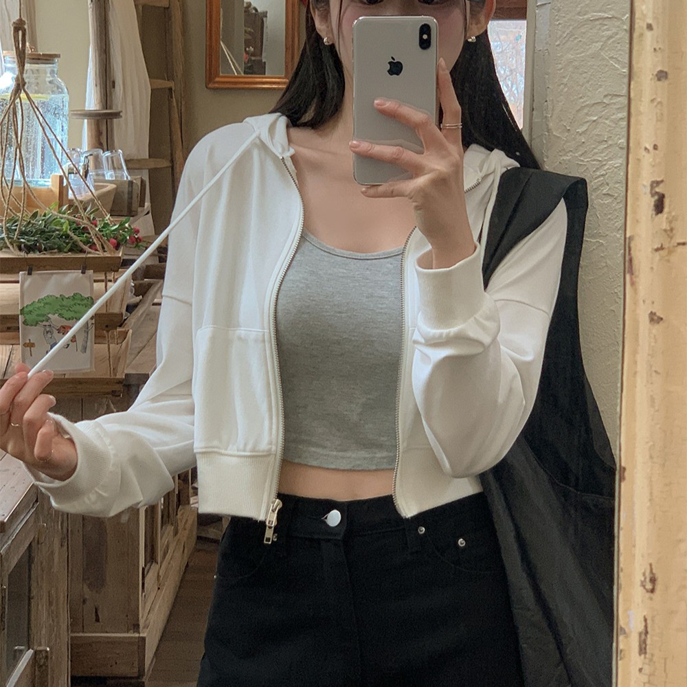 투웨이 지퍼 크롭 세미 루즈핏 후드 집업 이미지 8