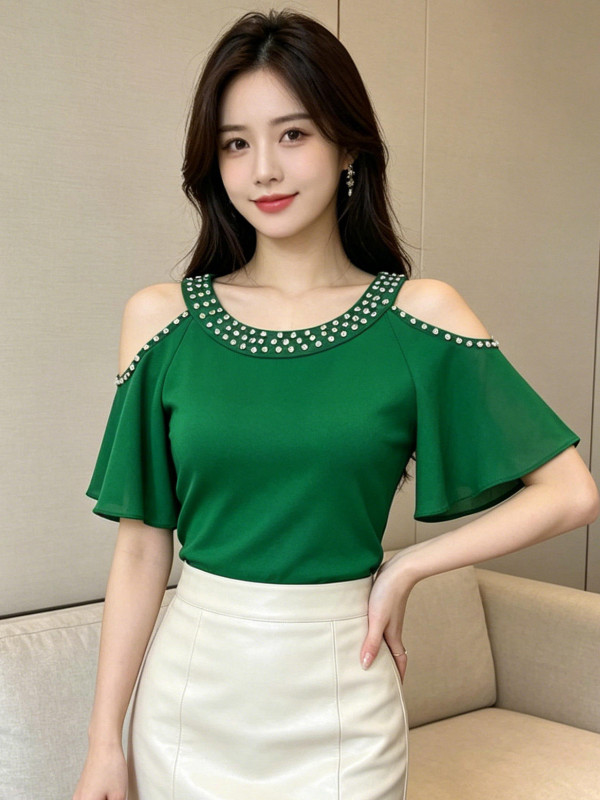 여성 라인댄스복 상의 라틴댄스 우아한 러플 소매 그린 - 상세 이미지 2