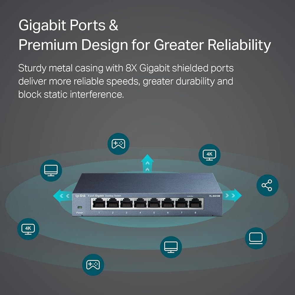 TP-Link 8 포트 기가비트 이더넷 네트워크 스위치 - 스플리터 플러그 앤 플레이 팬리스 튼튼한 금속 및 차폐 트래픽 최적화 관리되지 않음 평생 보호 (TL-SG108) - 상세 이미지 2