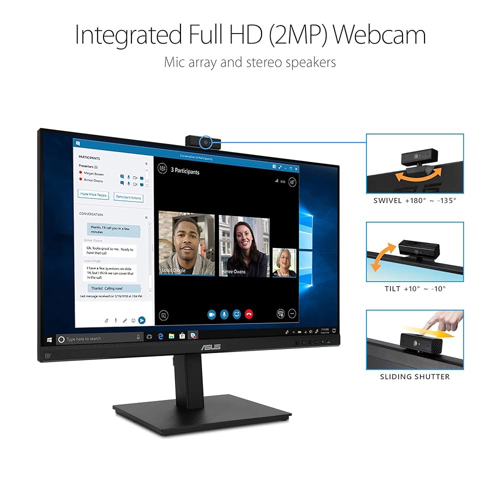 ASUS 27인치 1080P 비디오 컨퍼런스 모니터(BE279QSK) - 풀 HD, IPS, 내장 조절 가능한 2MP 웹캠, 마이크 어레이, 스피커, 아이 케어, 벽걸이, 프레임리 - 상세 이미지 3