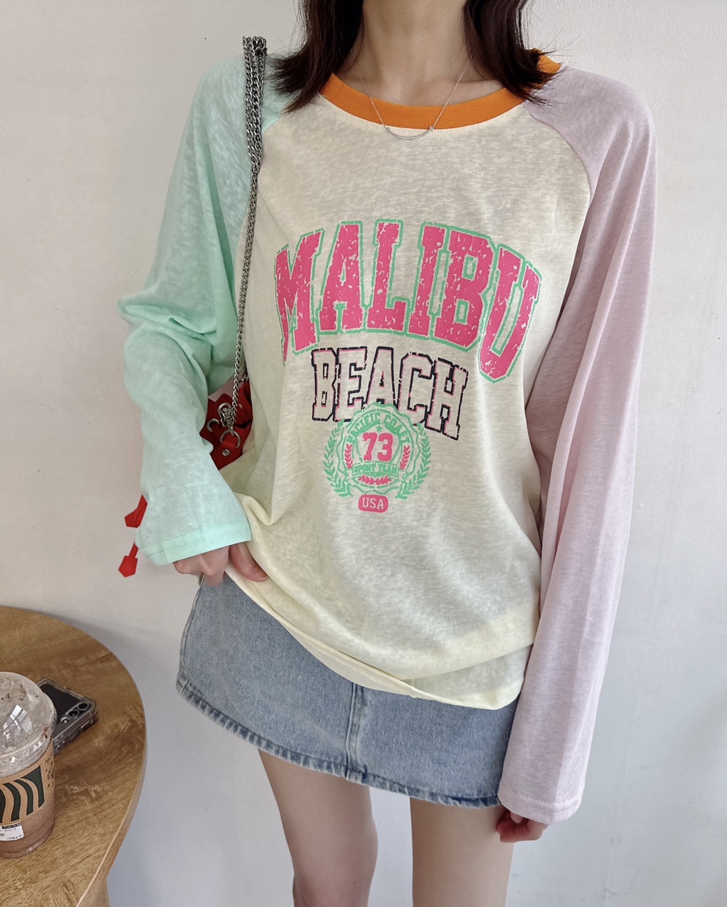 무배 MALIbu 프린팅 나그랑 배색 링거 루즈핏 슬라브 간절기 티셔츠 - 상품 이미지
