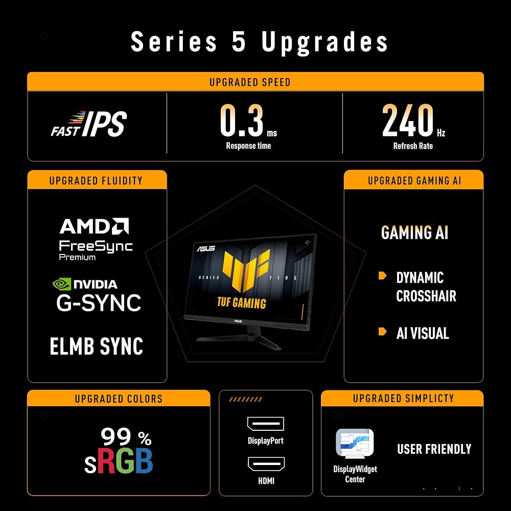 ASUS TUF 게이밍 시리즈 5 24.5인치 1080P 모니터(VG259QM5A) - 풀 HD, Fast-IPS, 240Hz, 0.3ms, G-SYNC 호환, FreeSync 상품 이미지
