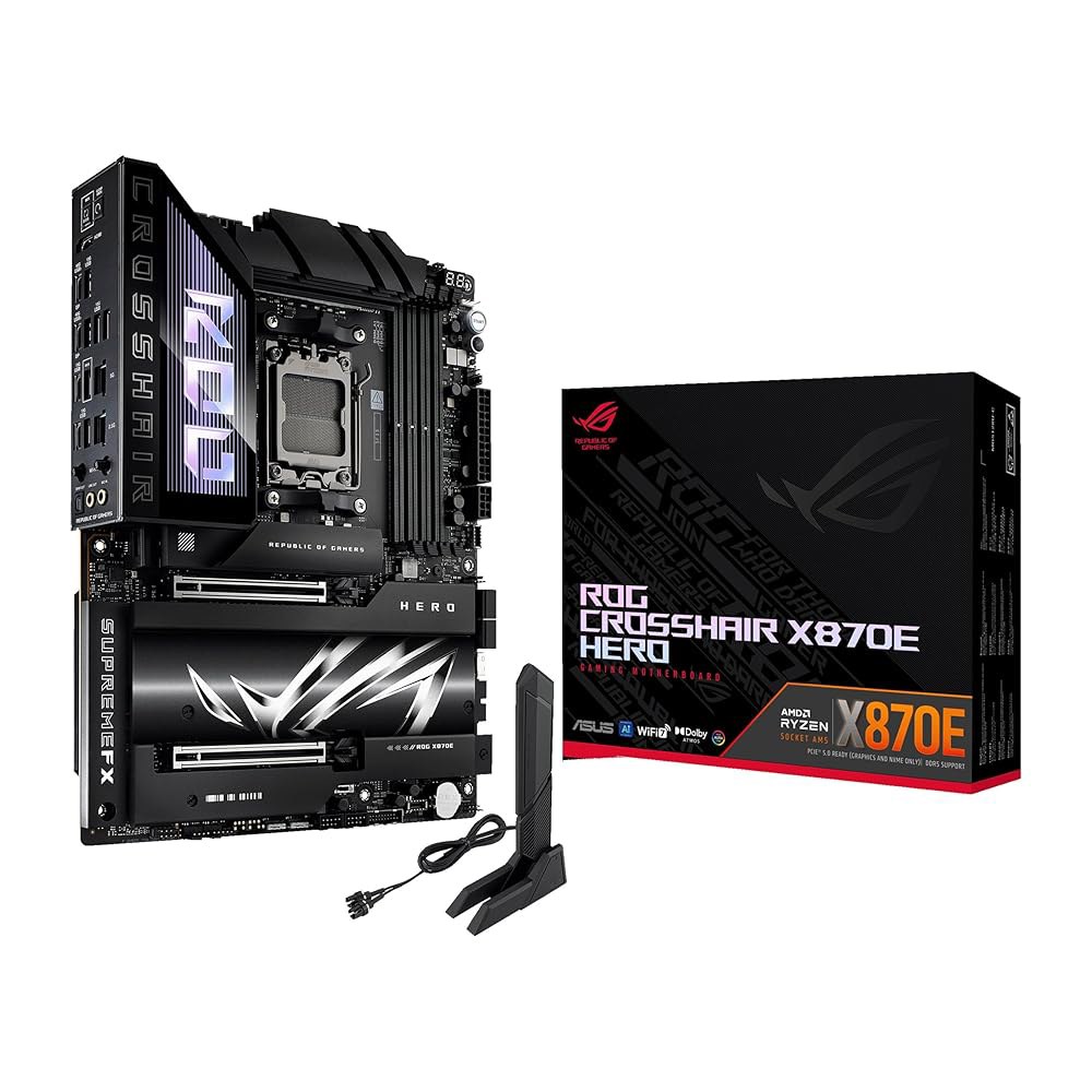 ASUS ROG 크로스헤어 X870E 히어로 AMD AM5 ATX 마더보드, 고급 AI PC 준비, 18+2+2 전원 단계, DDR5, PCIe 5.0, 5X M.2, Wi-Fi - 상품 이미지