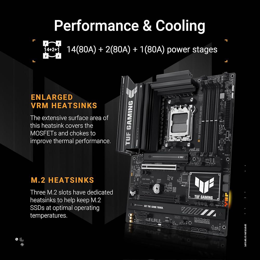 ASUS TUF 게이밍 B850-PLUS WiFi AMD AM5 B850 ATX 마더보드, 14+2+1 80A 스테이지, AI 레디, DDR5, PCIe 5.0, 3배 M.2, - 상세 이미지 3