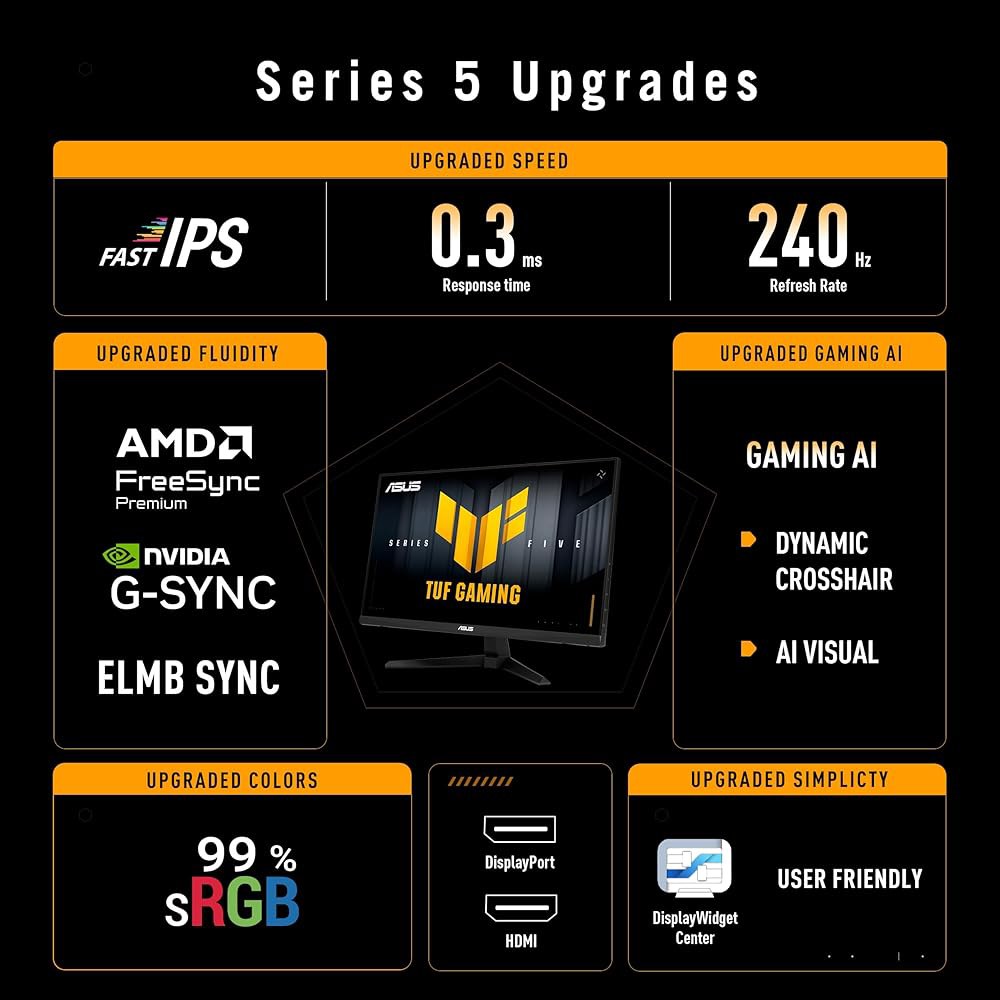 ASUS TUF 게이밍 시리즈 5 24인치 1080P 모니터(VG249QM5A) - 풀 HD, Fast-IPS, 240Hz, 0.3ms, G-SYNC 호환, FreeSync 프리미 상품 이미지