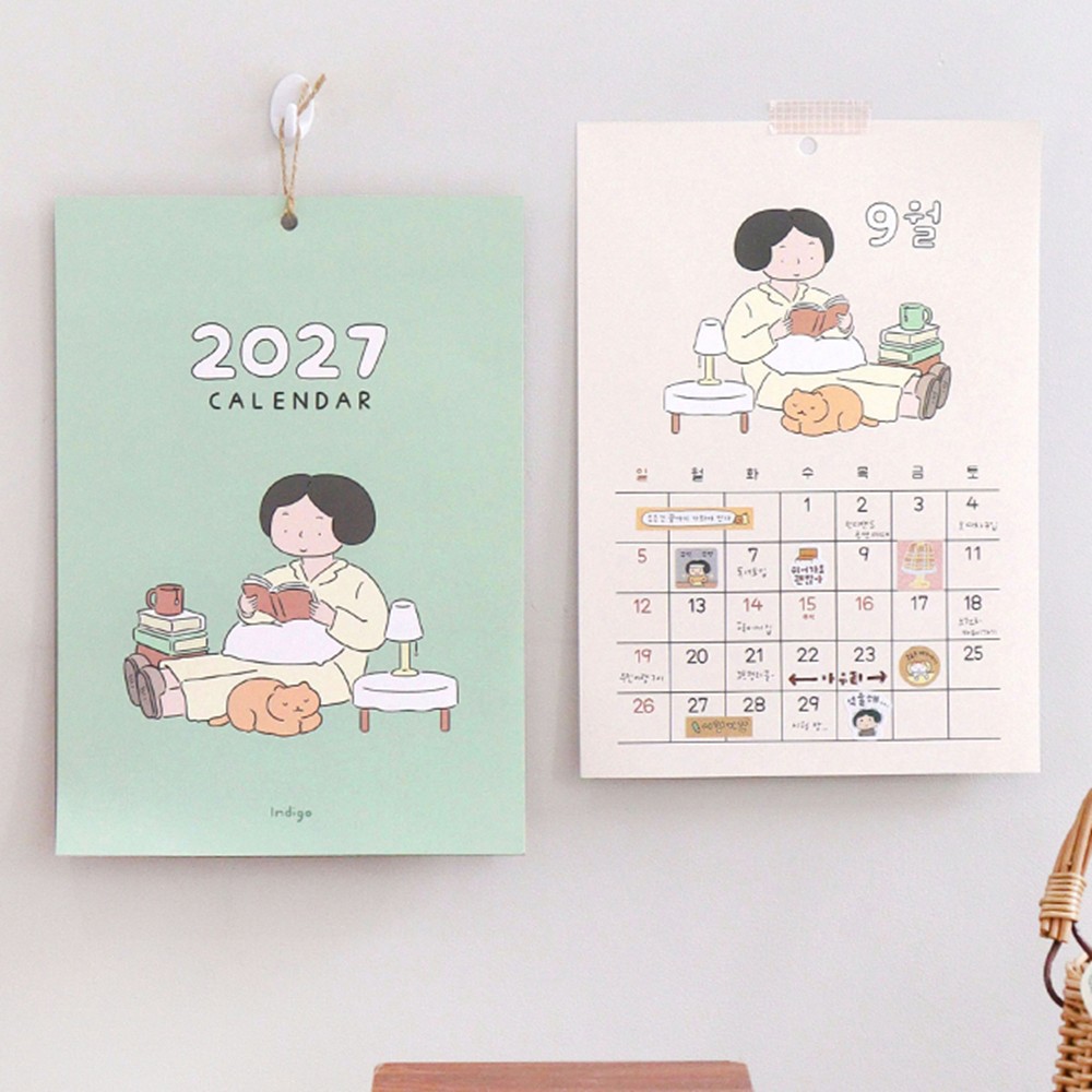 일상 2027년 귀여운 달력 일러스트 27년 캘린더 감성 인디고 2027 A4벽걸이, 1개 - 상세 이미지 3