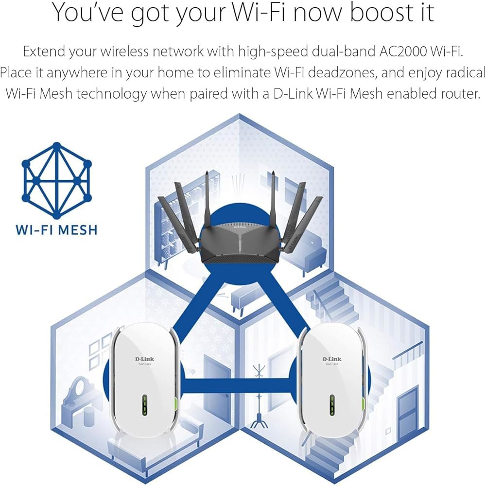 D-Link WiFi 범위 확장기, AC2000 메시 플러그 인 월 신호 부스터, 최대 2600평방피트까지 커버 스마트 홈용 듀얼 밴드 무선 중계기 액세스 포인트(DAP-1820- - 상세 이미지 2
