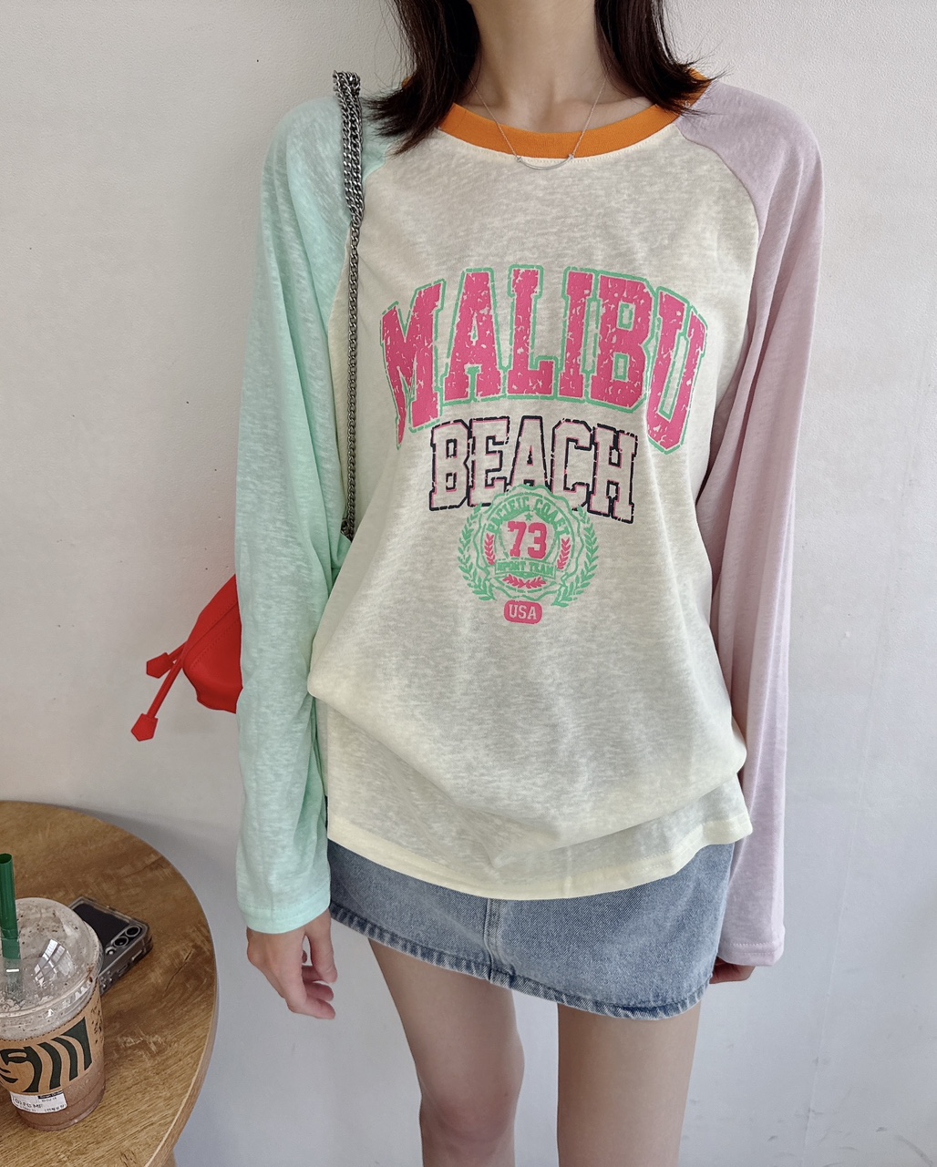 무배 MALIbu 프린팅 나그랑 배색 링거 루즈핏 슬라브 간절기 티셔츠 - 상세 이미지 3