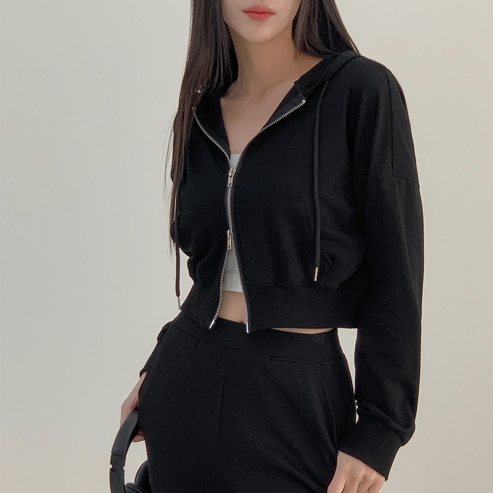 투웨이 지퍼 크롭 세미 루즈핏 후드 집업 - 상품 이미지