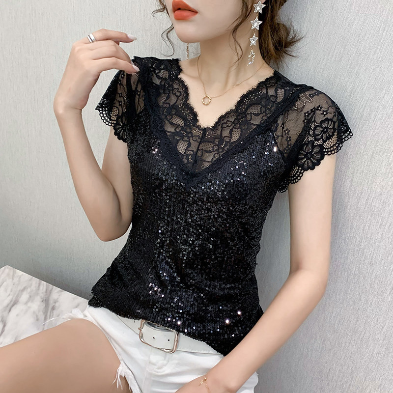라인댄스복 브이넥 레이스 스팽글 티셔츠 반팔 라틴 왈츠 탱고 자이브 브로멜리아드 댄스복 - 상품 이미지