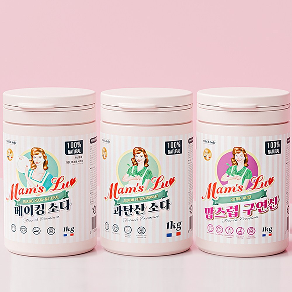 맘스럽 3종세트 베이킹소다 1kg /과탄산소다 1kg /구연산 1kg 세트 - 상품 이미지
