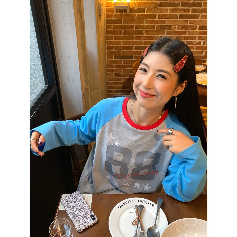 라운드넥 숫자일러스트 나그랑긴팔티셔츠 순면 오버핏 캐주얼 힙한 빈티지풍 그레이블루 - 상세 이미지 4