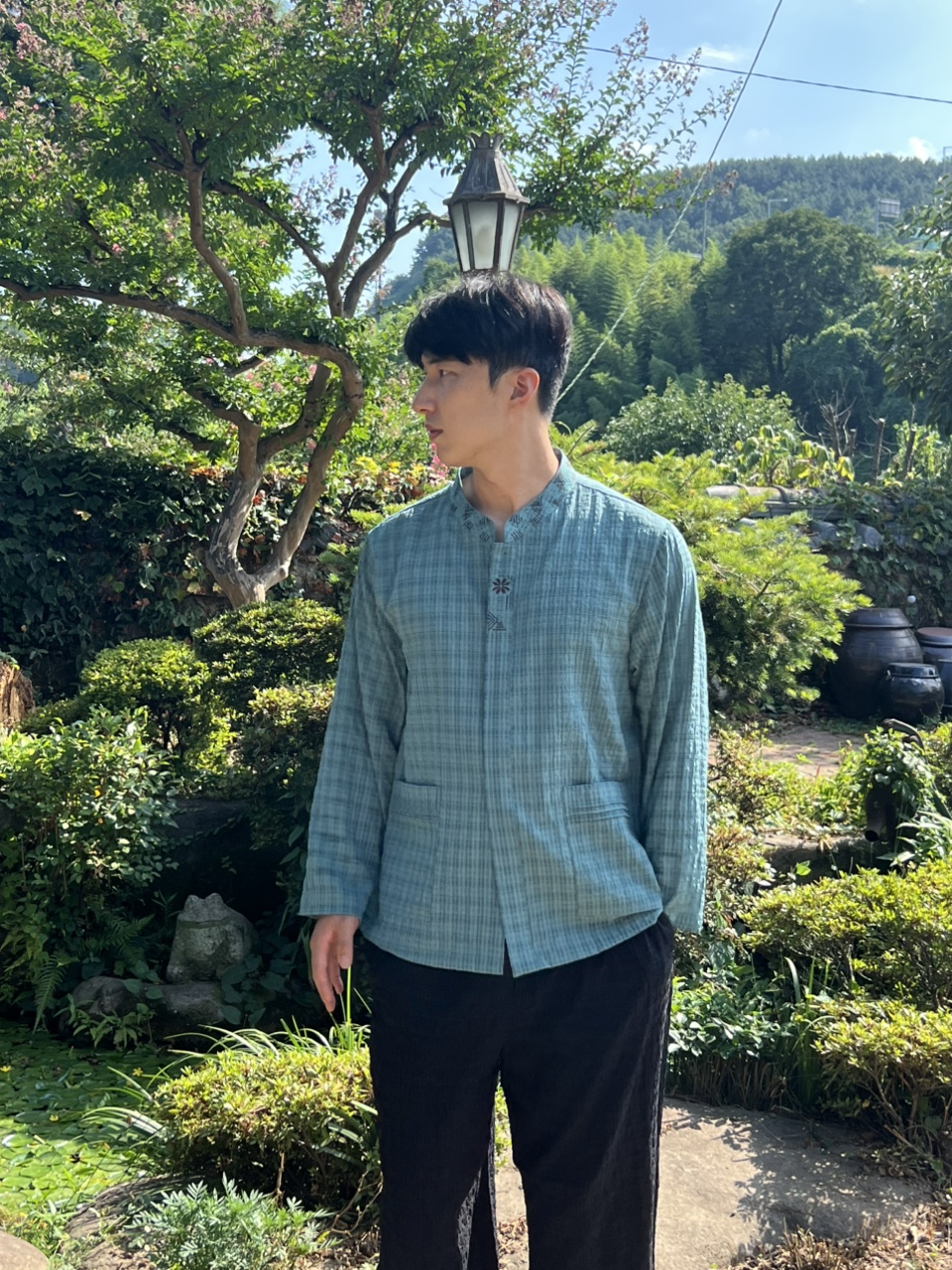 남자 체크무늬 문양깃 긴팔저고리 생활한복 법복 개량한복 - 상세 이미지 4