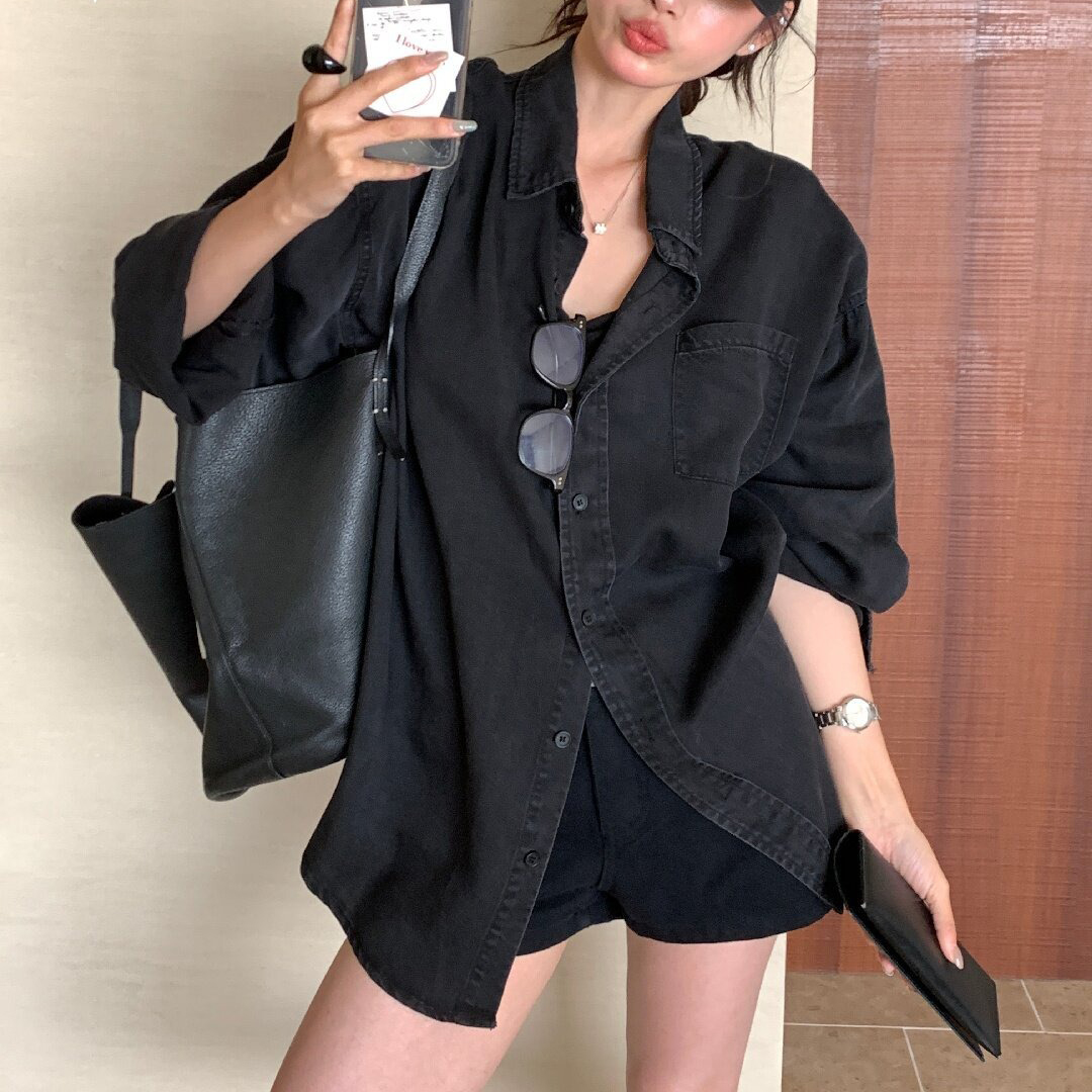롬스 블랙 오버핏 카라넥 하프 데님 셔츠 1col 가을 봄 빅사이즈 루즈핏 제이플로우 - 상품 이미지