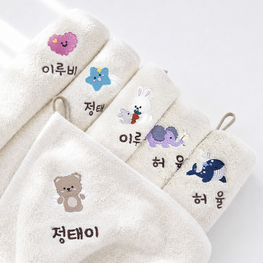 어린이집 수건 고리 이름자수 유치원 손수건 6장 40수 핸드타올 무염색 세트 - 상품 이미지