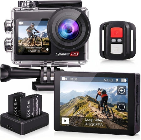 [해외]Hiicam Speed20 액션 카메라 웨어러블 캠 4K 20MP 6축 손떨림 보정 터치 패널 타입 듀얼 컬러 스크린 최대 144.4피트(40m) 방수 케이스 speed20
