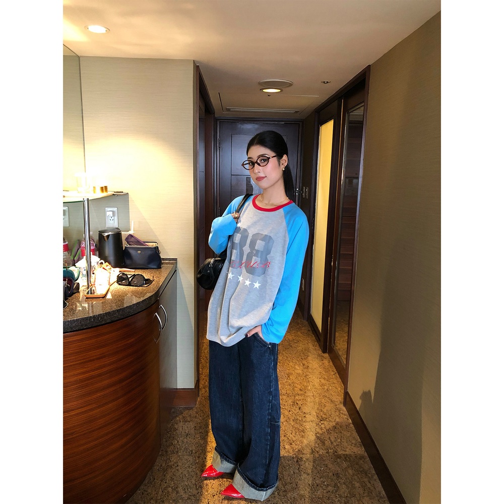 라운드넥 숫자일러스트 나그랑긴팔티셔츠 순면 오버핏 캐주얼 힙한 빈티지풍 그레이블루 - 상세 이미지 5