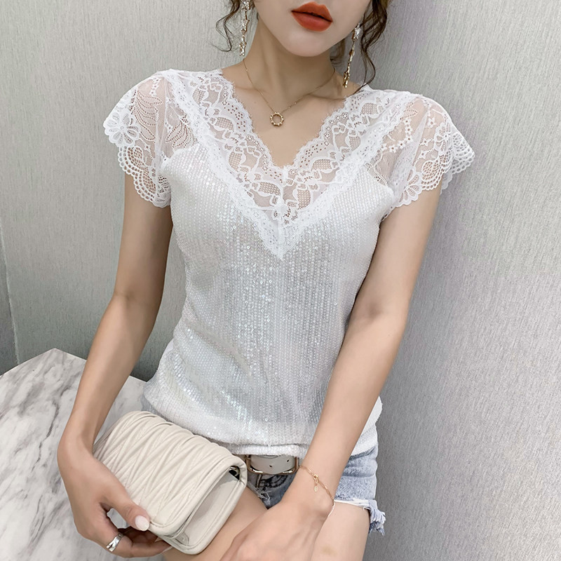 라인댄스복 브이넥 레이스 스팽글 티셔츠 반팔 라틴 왈츠 탱고 자이브 브로멜리아드 댄스복 - 상세 이미지 2