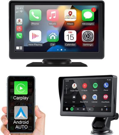 [해외]휴대용 차량 디스플레이로 CarPlay와 Android Auto를 지원하며 무선 7인치 2.5D IPS 터치 스크린 블루투스 핸즈프리/미러링을 지원하고 대시보드 또는 앞유리