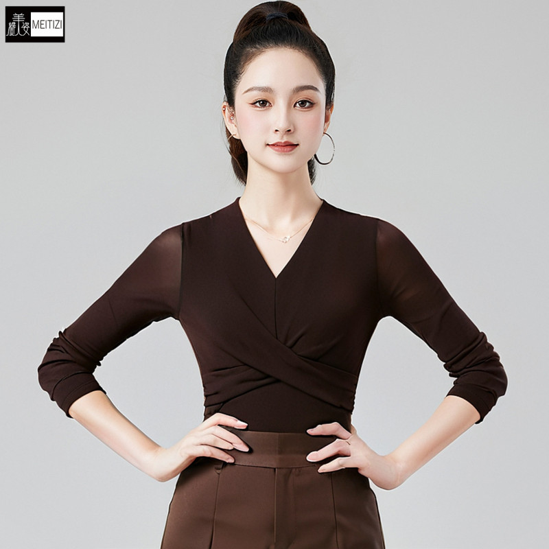 라틴 줌바 댄스복 여성 방송 사교 라인 댄스상의 긴팔티 - 상세 이미지 3