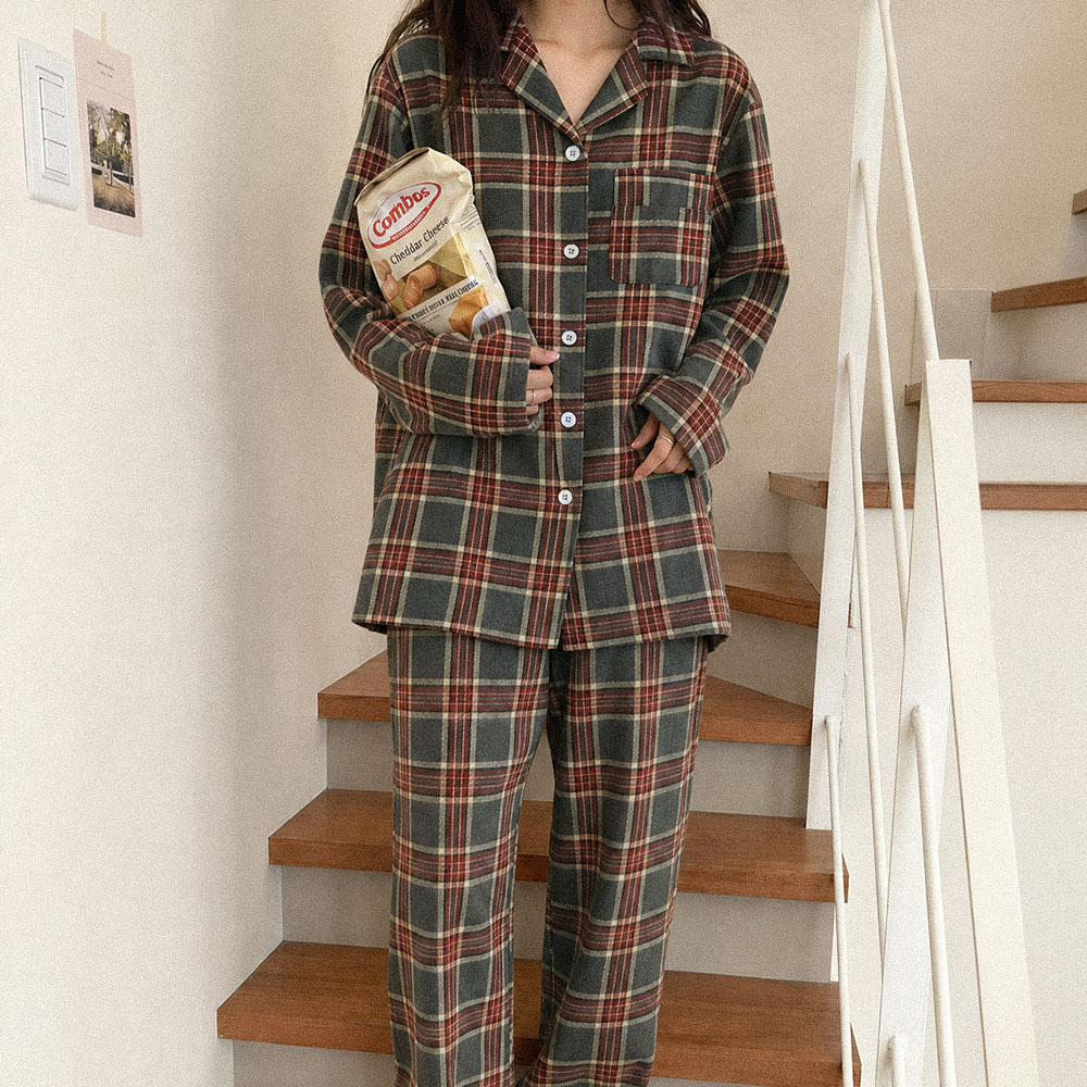 디오프 조이 체크 긴팔 수면 커플 잠옷 사계절 빅사이즈 파자마파티 - 상품 이미지