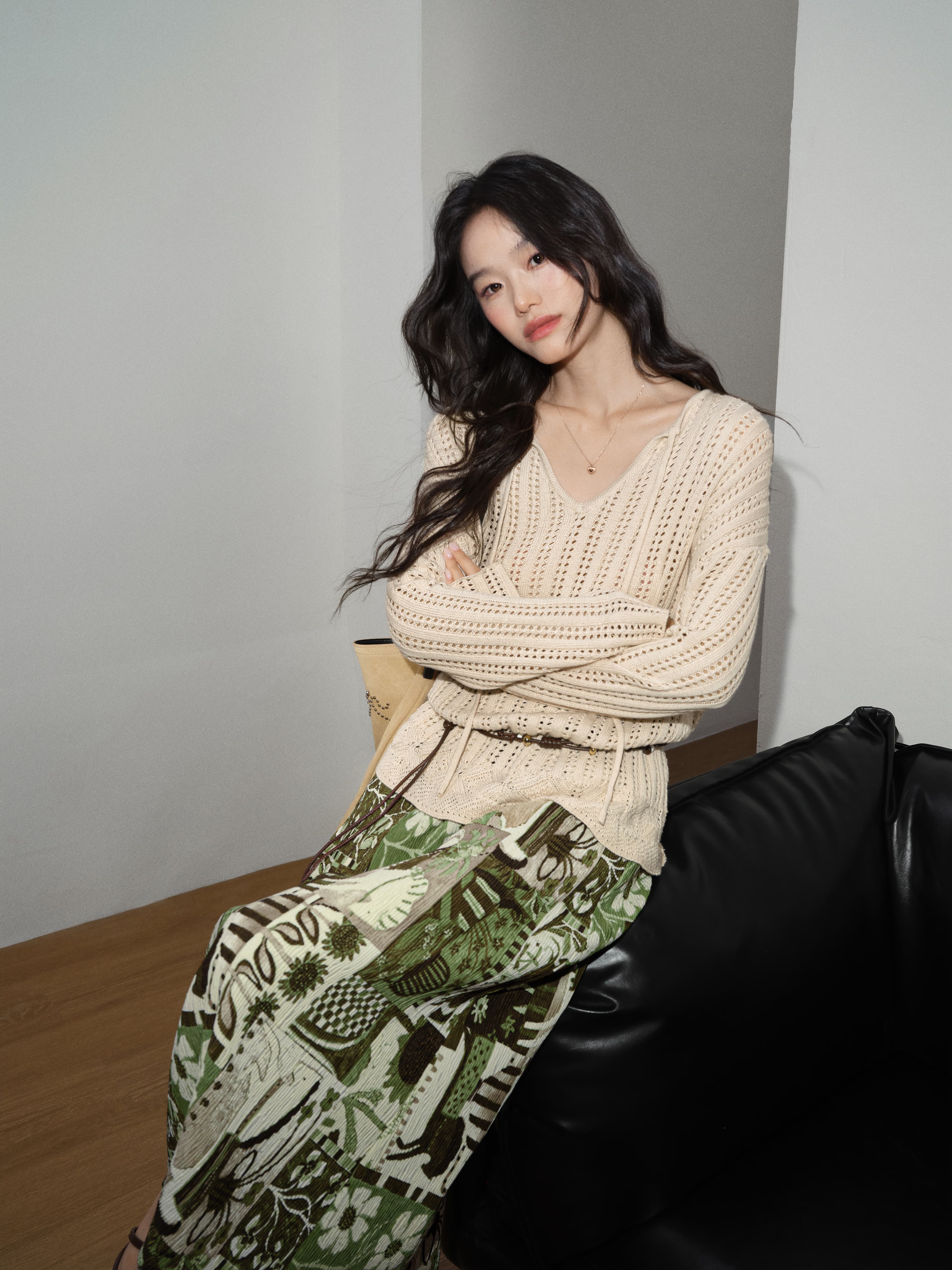 쿠오세 KUOSE 여성 믹스 패턴 미디 하이웨스트 스커트 이미지 7
