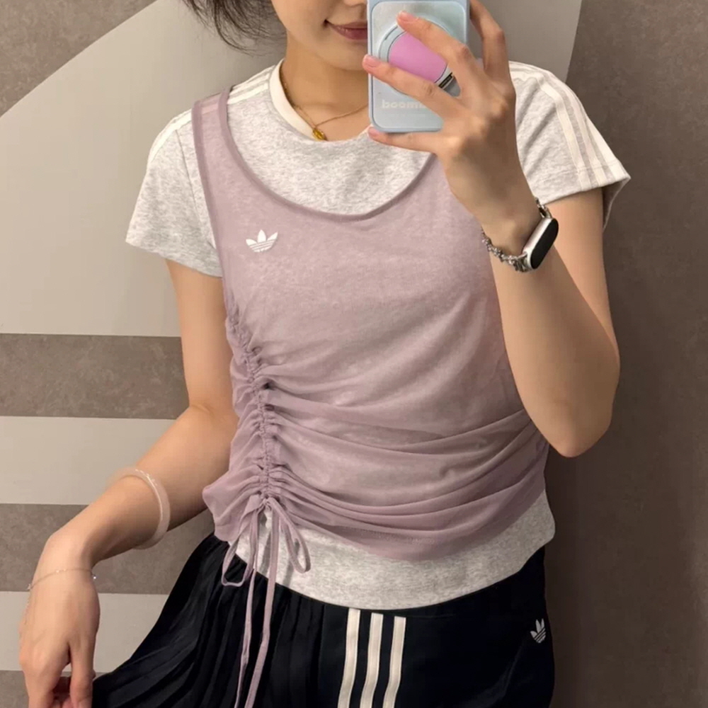 아디다스 오리지널 W 캘리 레이어드 셔링 반팔 티셔츠 퍼플 그레이 LF2340 - 상세 이미지 4