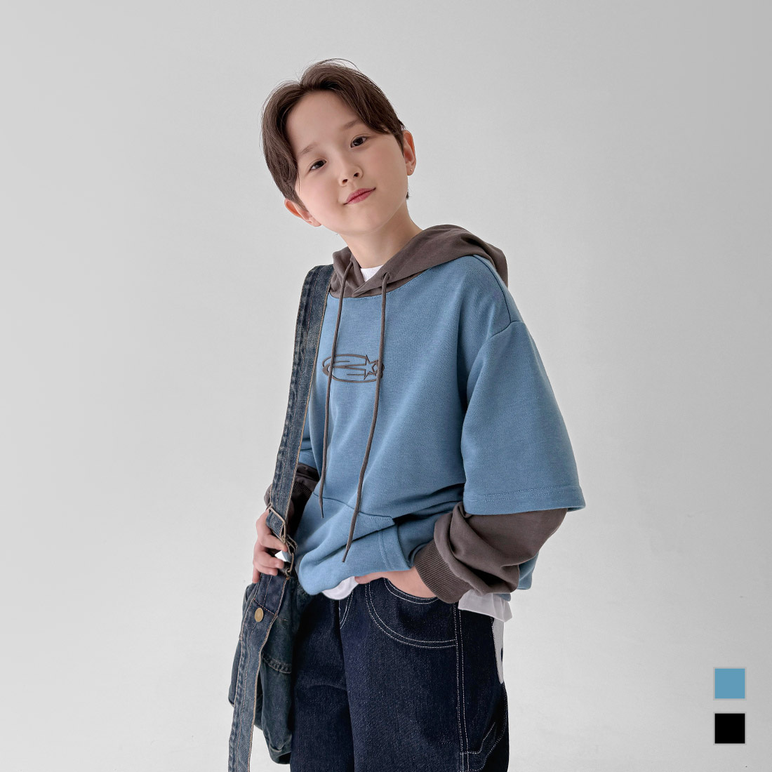 더블 레이어드 후드티 남자아이 남아 아동 키즈 어린이 초등 주니어 가을 루즈핏 오버핏 스트릿 배색 긴팔티 - 상품 이미지