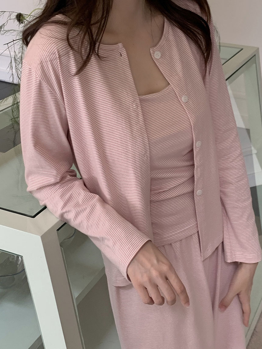 캡내장잠옷 순면 스트라이프 쓰리피스 모드 파자마 단가라 캡나시 가디건 바지 홈웨어 - 상세 이미지 4