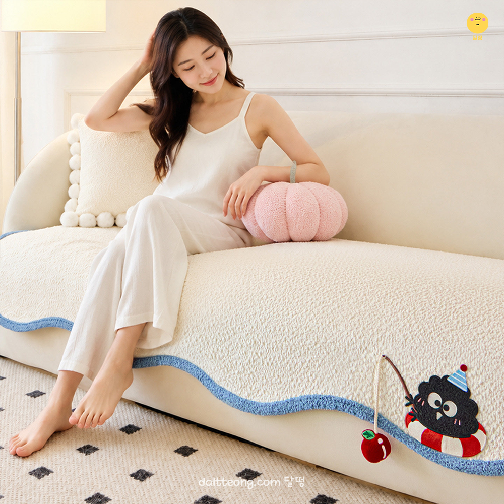 달떵 사계절 귀여운 고양이 셔닐 쇼파 패드 러그 매트 토퍼 깔개 3인4인 90x150 - 상세 이미지 4