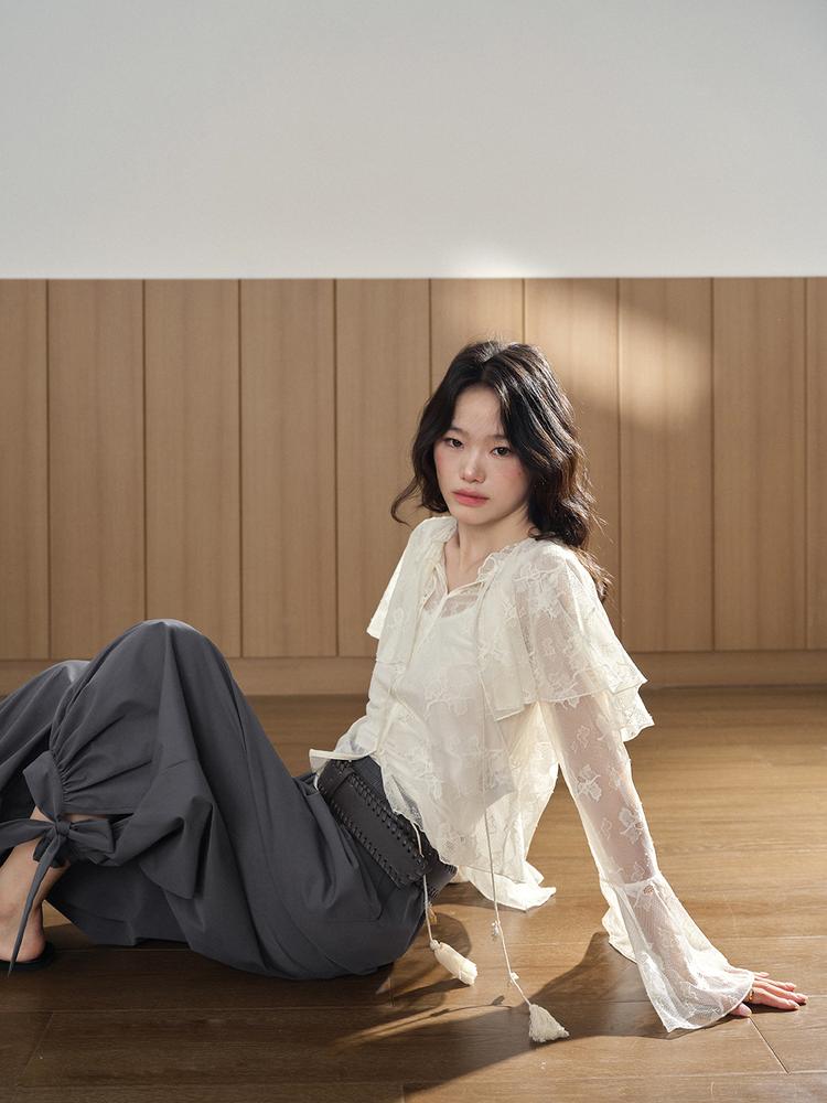 쿠오세 KUOSE 여성 숄 케이프 레이스 플라워 펀칭 블라우스 이미지 8