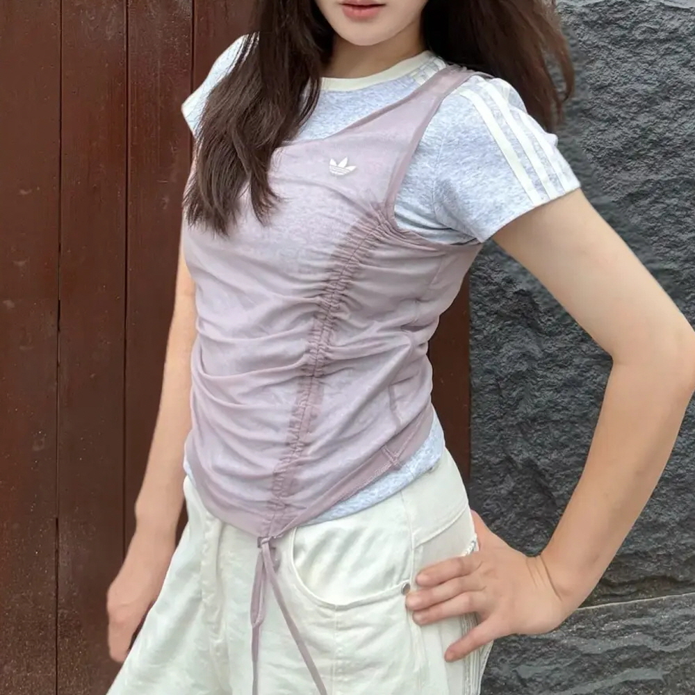 아디다스 오리지널 W 캘리 레이어드 셔링 반팔 티셔츠 퍼플 그레이 LF2340 - 상품 이미지