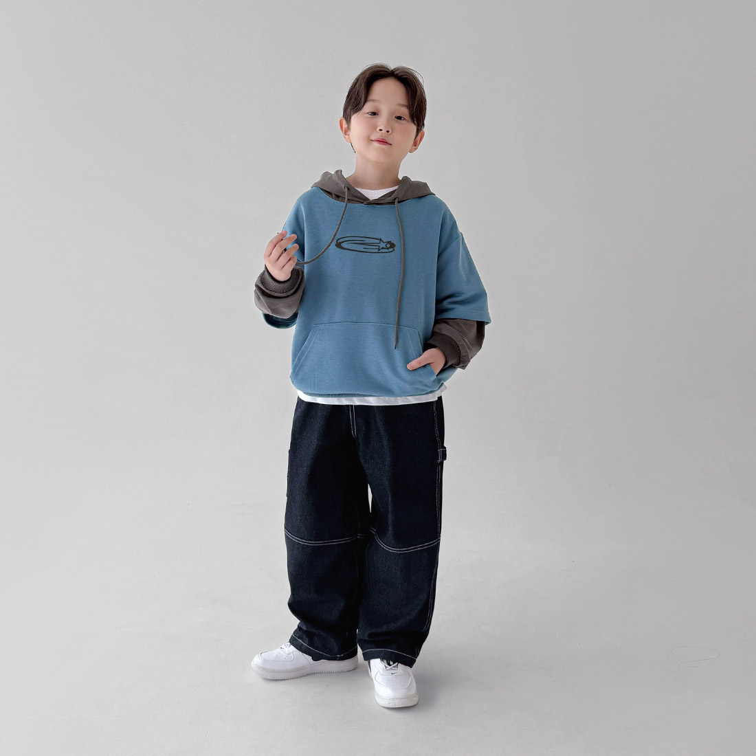 더블 레이어드 후드티 남자아이 남아 아동 키즈 어린이 초등 주니어 가을 루즈핏 오버핏 스트릿 배색 긴팔티 - 상세 이미지 5