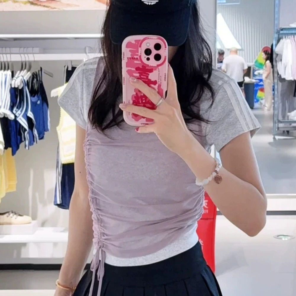 아디다스 오리지널 W 캘리 레이어드 셔링 반팔 티셔츠 퍼플 그레이 LF2340 이미지 6