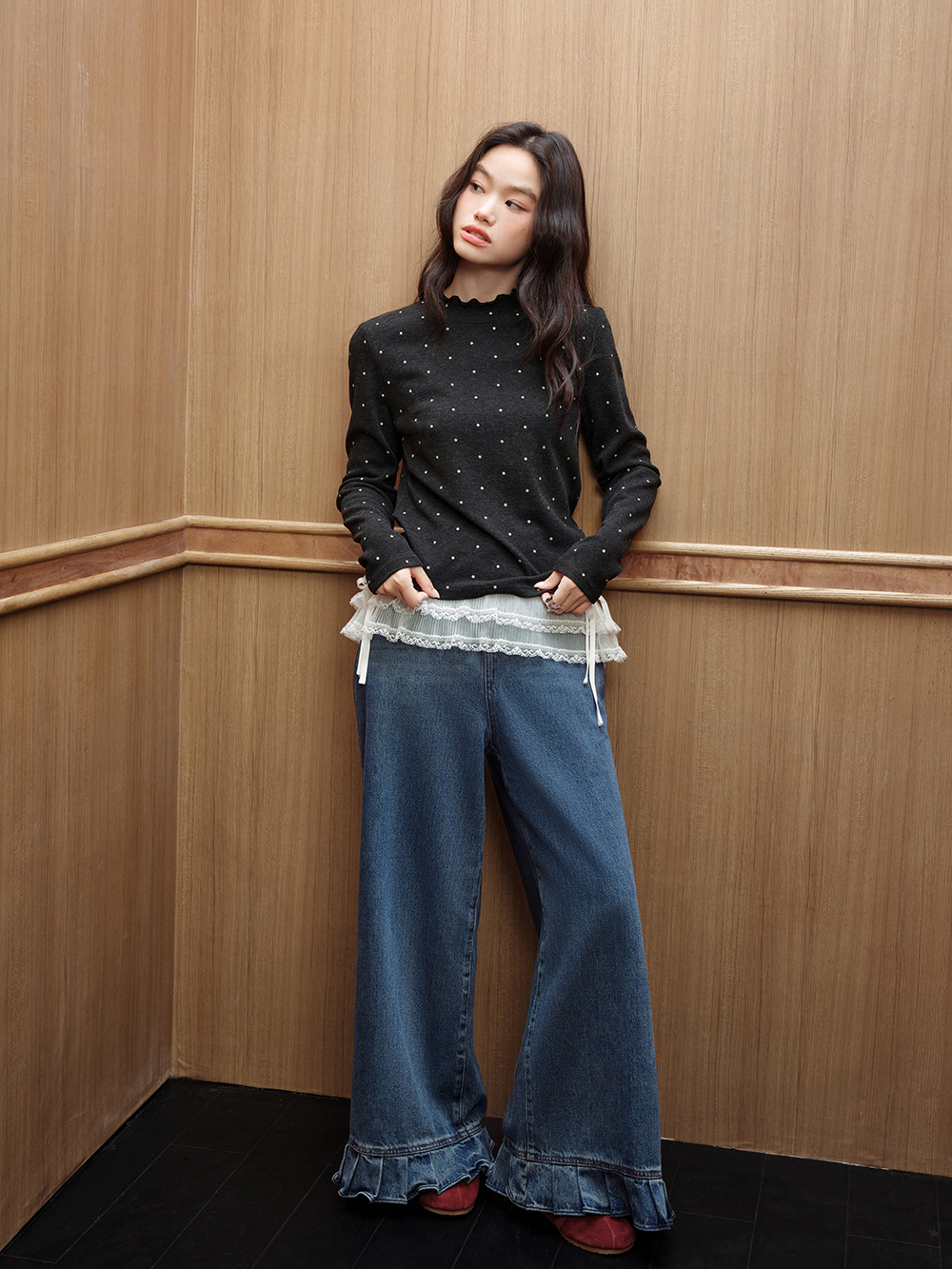 쿠오세 KUOSE 여성 폴카 롱슬리브 도트 탑 - 상세 이미지 2